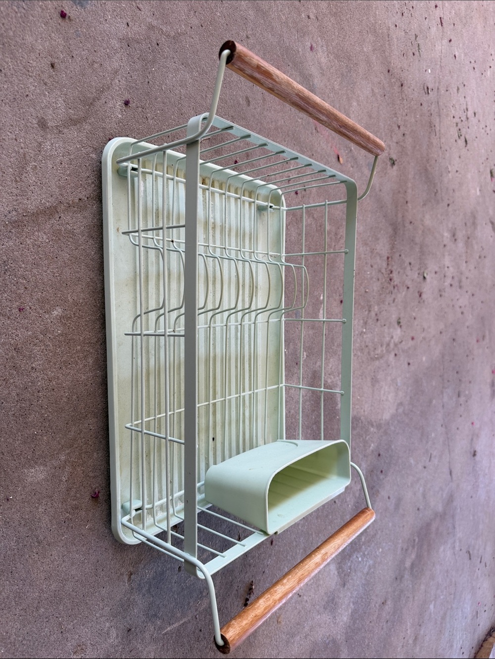 Mid-Century Style Pale Green Metal Dish Rack with Wooden Handles